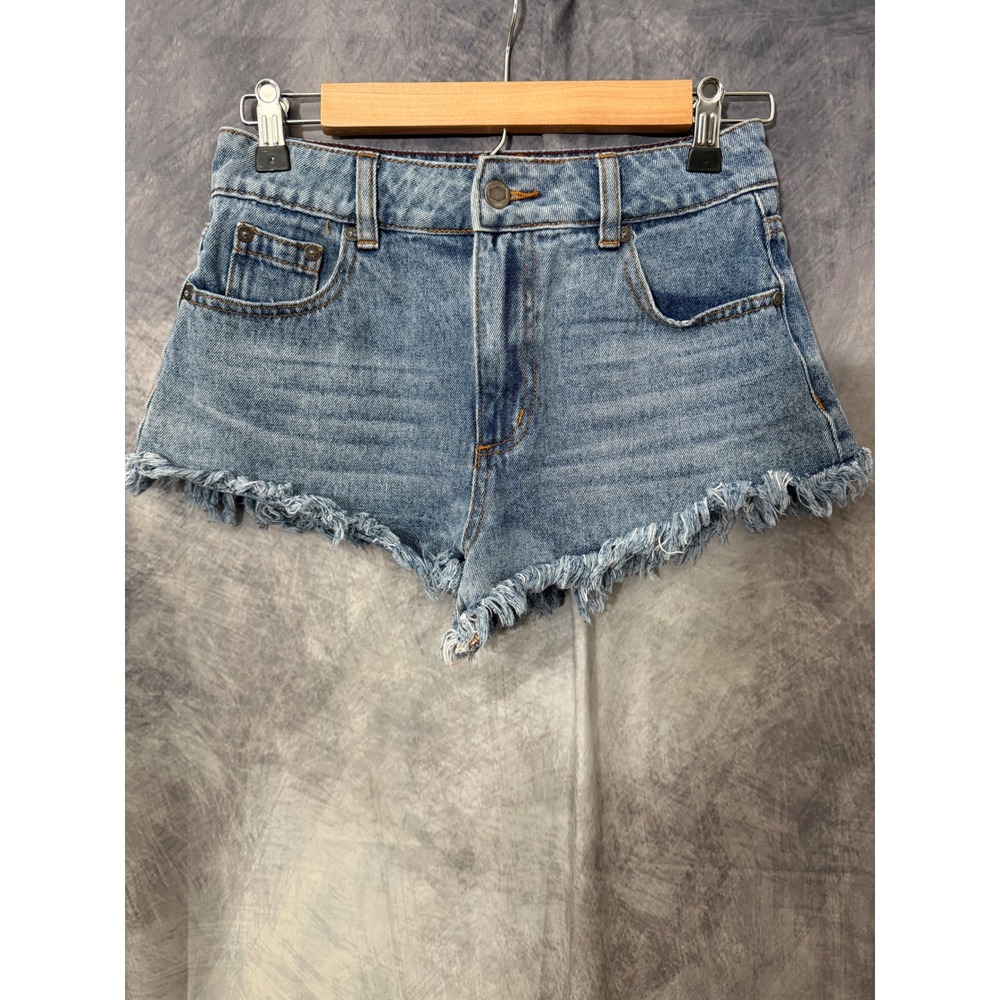 RVCA Elle High Waisted Raw Hem Denim Jean Shorts Blue Womens Size 26